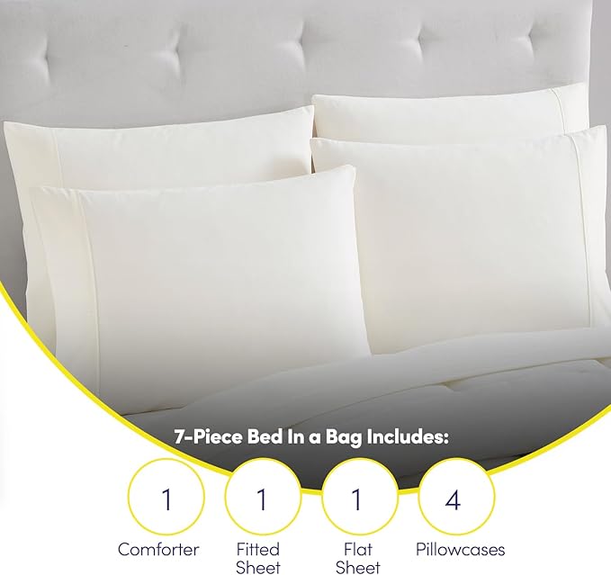 King Size Comforter Set with Sheets - 7-Piece Bedding Collection - 1 Comforter, 1 Fitted Sheet, 1 Flat, 4 Pillowcases - Deep Pocket - Soft & Breathable Premium Quality - Ideal for All Seasons, Ivory