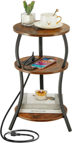 Small Round Side Table with Charging Station, 3-Tier Waist Circular End Table with Storage Shelf, Compact Tea Sofa Side Table Small Spaces, Round Corner Coffee Table for Living Room Bedroon,Brown