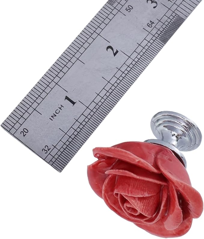 8PCS 1.57" × 1.38" Ceramics Begonia Red Rose with Base Knobs Flower Shaped Pulls for Cupboard Drawer, with 2 Kinds of Screws