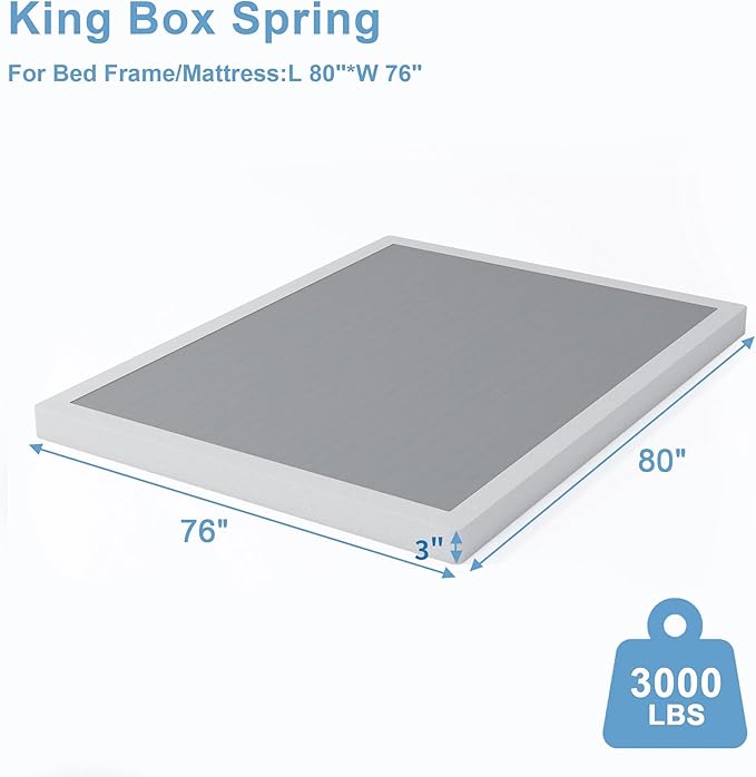 Low Profile Box Spring King Size,3 Inch Box Spring for King Bed,Heavy Duty Mattress Foundation,Metal Bed Base/Noise Free/Non-Slip/Easy Assembly