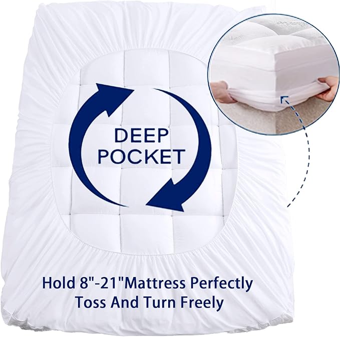 Mattress Topper Short Queen RV Size, Cooling Extra Thick Breathable Viscose Made from Bamboo Mattress pad, Soft Quilted Fitted Mattress Cover with 1000 GSM Down Alternative Fill (8-21”Deep Pocket)