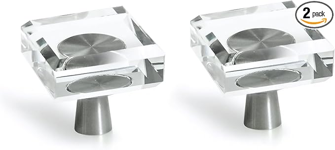 JEREVER 2 Pack Glass Crystal Knobs Brushed Nickel Drawer Pull Cabinet Handle for Dresser Kitchen (Square)