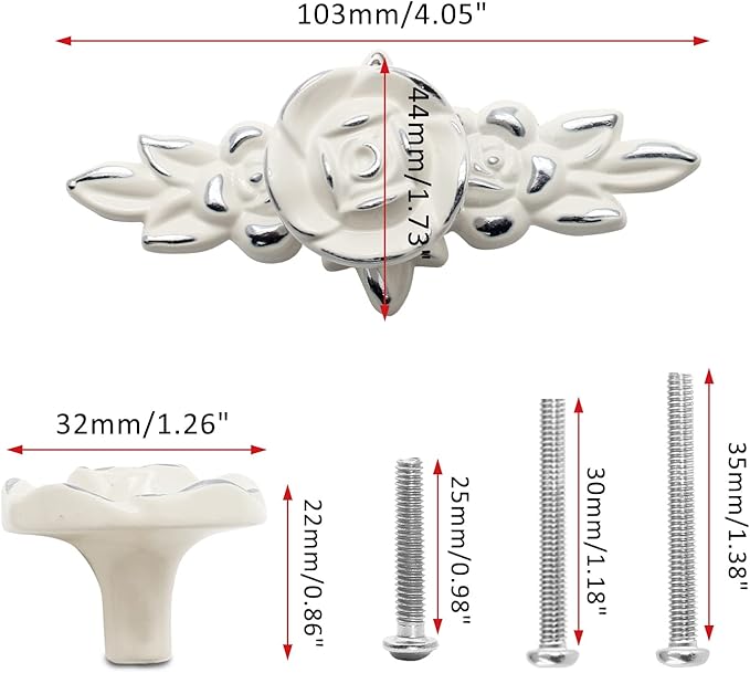 Uenhoy 5 Pcs Rose Cabinet Knobs with Backplate, Vintage Floral Drawer Knob Pulls, Zinc Alloy Rose Flower Drawer Pull Handles for Cabinets and Dresser - 4 Inch, Ivory White with Silver Trim