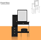 FAMAPY Vanity Mirror with Lights Desk and Chair, Vanity Desk with Sliding Lighted Mirror, Makeup Vanity with Lights, Drawers & Crystal Handles, Cushion Stool, Black