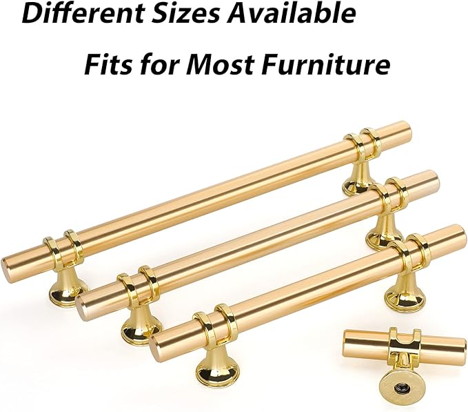 Lontan 10 Pack Gold Brass Kitchen Cabinet Knobs - T Bar Solid Drawer Knobs - Single Hole - Brushed Brass for Dresser Drawers
