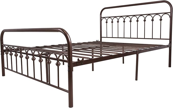 Metal Bed Frame Queen Size with Vintage Headboard and Footboard Platform Base Wrought Iron Double Bed Frame (Queen, Antique Brown)