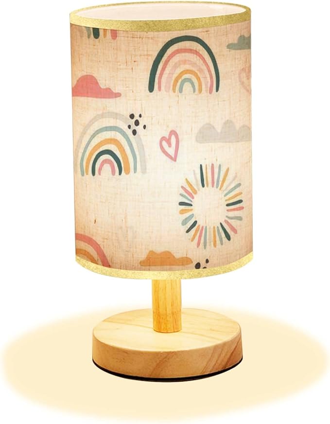 LOPYEIJFG Minimalist Bedside Table Lamp Seamless with Hand Drawn Rainbows and Sun Trendy Baby Texture for Wood Nightstand Lamp Bedside Desk Lamp Wood Base Flaxen Fabric Shade for Bedroom Living Room