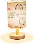 LOPYEIJFG Minimalist Bedside Table Lamp Seamless with Hand Drawn Rainbows and Sun Trendy Baby Texture for Wood Nightstand Lamp Bedside Desk Lamp Wood Base Flaxen Fabric Shade for Bedroom Living Room