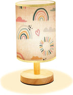 LOPYEIJFG Minimalist Bedside Table Lamp Seamless with Hand Drawn Rainbows and Sun Trendy Baby Texture for Wood Nightstand Lamp Bedside Desk Lamp Wood Base Flaxen Fabric Shade for Bedroom Living Room