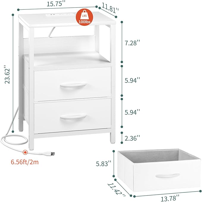 Yoobure Nightstand with Charging Station, LED Night Stand with Fabric Drawers and Storage Shelf for Bedroom, Nightstands Bedside Tables with USB Ports & Outlets, Small Night Stands, Bed Side Table