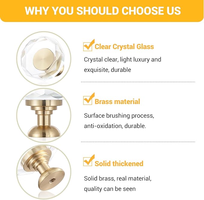 6-Pack 1-1/4-Inch White Cabinet Glass Crystal Patterned knob Brass Drawer Dresser Pulls, Gold Hardware Kitchen Closet knobs for Bifold Doors