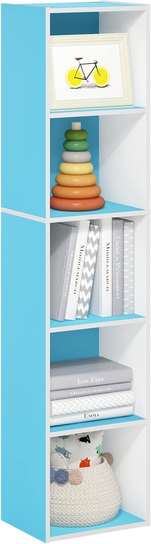 Furinno PASIR Book Shelf, 5-Tier Modern Bookshelf, Open Shelves Bookcase 9" x 12" x 52", for Living Room, Bedroom, Home Office, Light Blue/White