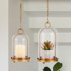 Vintage Brass Metal Candle Lantern with Thick Glass Dome – Set of 2 Shabby Chic Style Candle Holders (5.25"x10" & 4.5"x7.87") – Hanging or Tabletop Decor for Pillar Candles, Plants