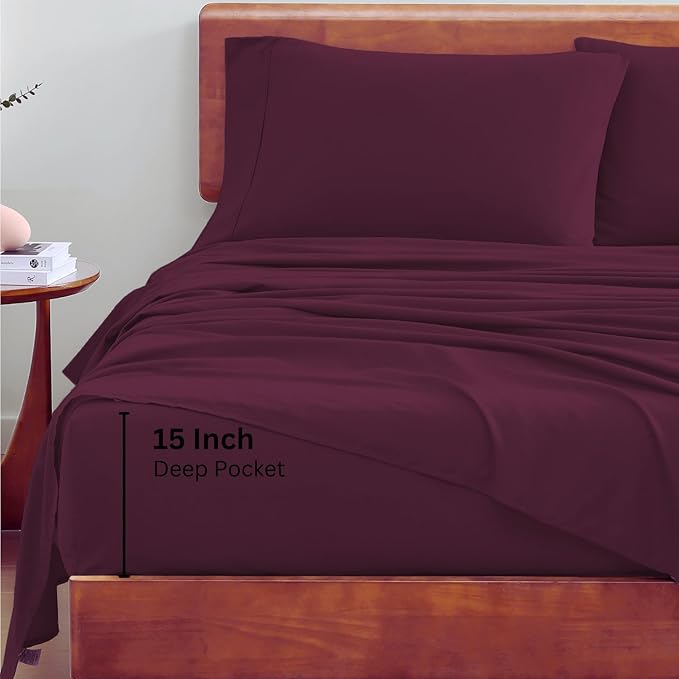 LANE LINEN 100% Organic Cotton Eco Friendly Full Size Bed Sheets, Mercerized Fully Elasticized Cotton Sheets Full, Percale Weave Soft & Comfy Comes in Variety of Colors- Windsor Wine