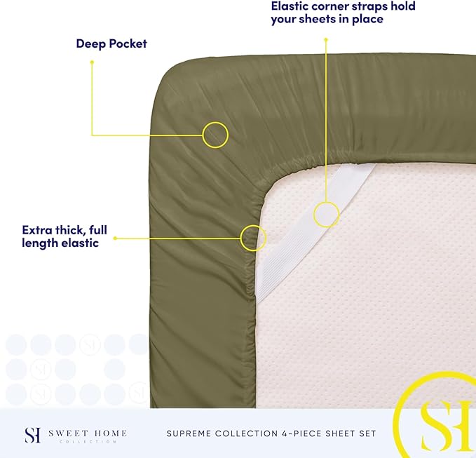 Queen Size Bed Sheets - Breathable Luxury Sheets with Full Elastic & Secure Corner Straps Built In - 1800 Supreme Collection Extra Soft Deep Pocket Bedding Set, Sheet Set, Queen, Olive