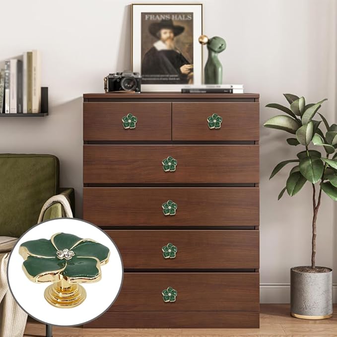 4 pcs Petal Knob Handle Unique Zinc Alloy Flower Shape Single Hole Knob Handle for Cabinets,Drawers, Wardrobes Furniture Decoration(Green (Gold Bottom))