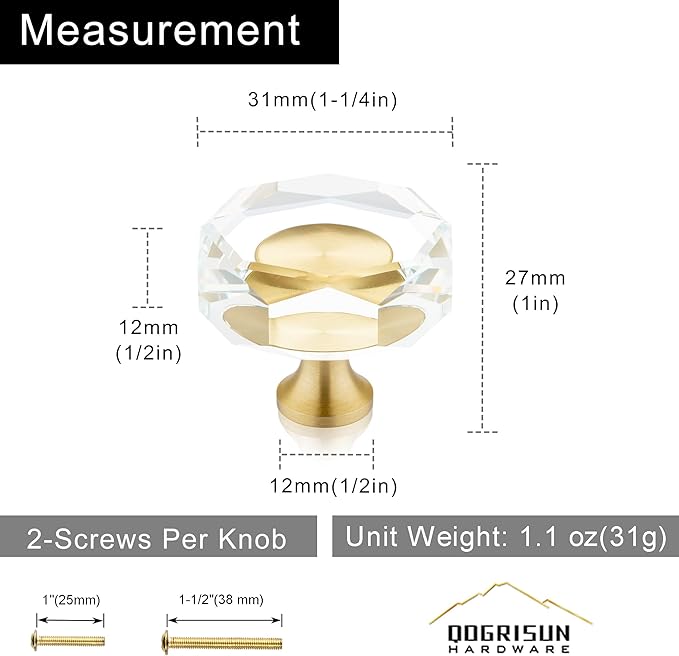 QOGRISUN 2-Pack Brass Crystal Cabinet Knobs,Glass Crystal Gold Drawer Knobs,1-1/4-Inch Polygon,Decorative Dresser Pulls, Modern Cabinet Hardware