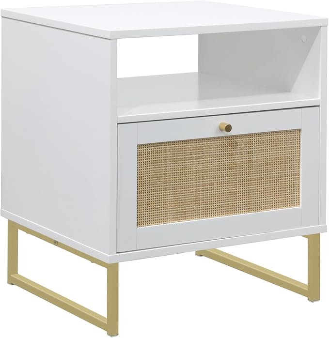 Nathan James Mina Rattan Wood End Side Accent Table Nightstand with Storage for Living Room or Bedroom, 1, White/Gold