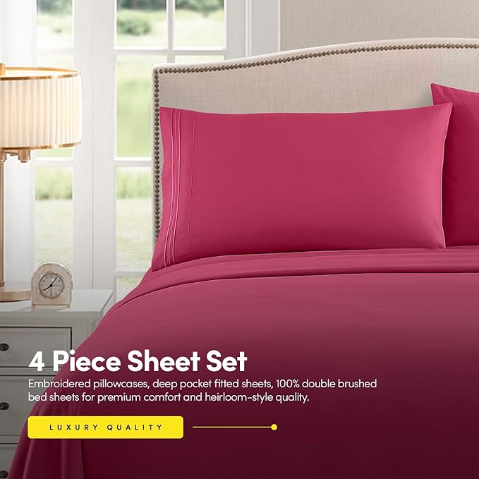 Sweet Home Collection Twin Size Sheet Set with Built-in Sheet Straps - Deep Pocket Fitted Sheet, Flat Sheet & Pillowcases - Soft, Wrinkle-Free, Secure Fit - Fuschia