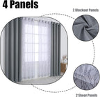 BONZER Mix and Match Curtains - 2 Pieces Branch Print Sheer Curtains and 2 Pieces Blackout Curtains for Bedroom Living Room Grommet Window Drapes, 37x63 Inch/Panel, Light Grey, Set of 4 Panels