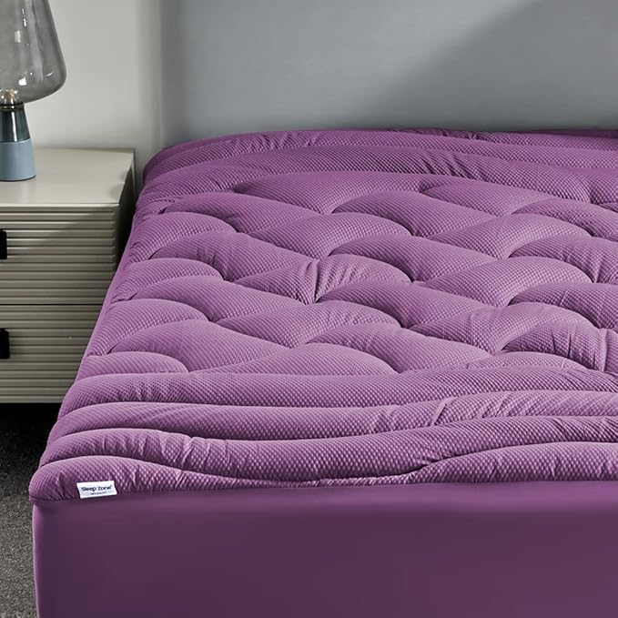 SLEEP ZONE Full Size Cooling Mattress Pad for Double Bed, Premium Zoned Quilted Mattress Topper, Wrap Around Mattress Protector Cover, Machine Wash Durable, Deep Pocket 8-21 inch, Purple, Full