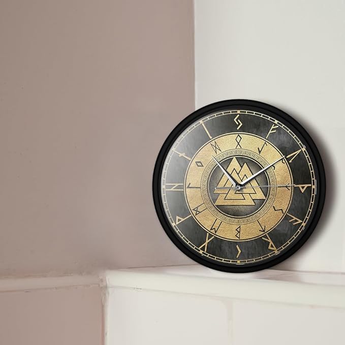 12 Inch Scandinavian Viking Design Valknut Wall Clock, Vintage Futhark Viking Runes Warrior Norse Print Wall Clock Accurate Silent Non Ticking Battery Operated for Man Cave Bedroom Farmhouse