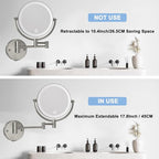 Wall Mounted Lighted Makeup Vanity Mirror with Magnification, 8 Inch Double Sides 10X Magnifying Bathroom Mirror 3 Color Lighting Touch Dimming, Extended Arm Shaving Mirror Hard Wired, Brushed Nickel