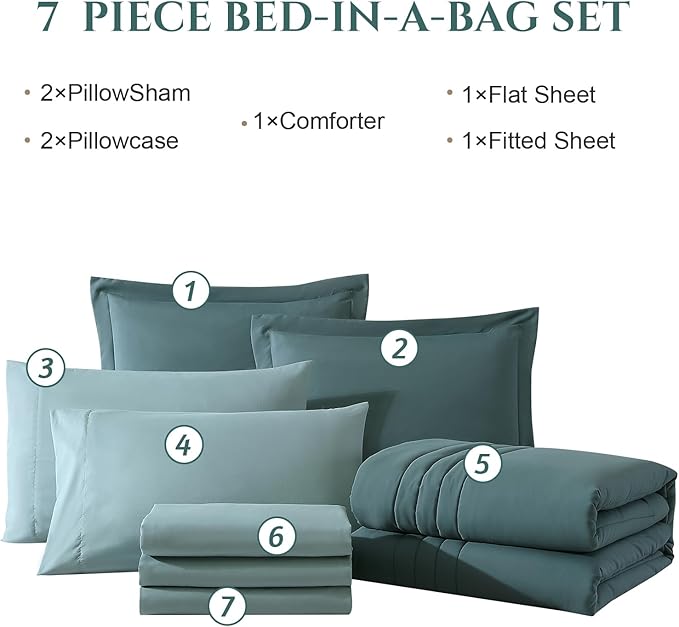 Monbix Full Comforter Set - 7 Pieces Dark Green Bed in a Bag Full Size Bedding Sets with Comforters, All Seasons Down Alternative Comforter with Sheets,Pillowcases & Shams