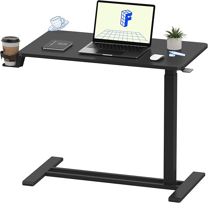 FLEXISPOT H7 Adjustable Overbed Bedside Table with Wheels Pneumatic Mobile Standing Desk Laptop Desk Rolling Computer Cart Movable Overbed Table Hospital Home Use(31.5" W x 17.7" D, Black Large)