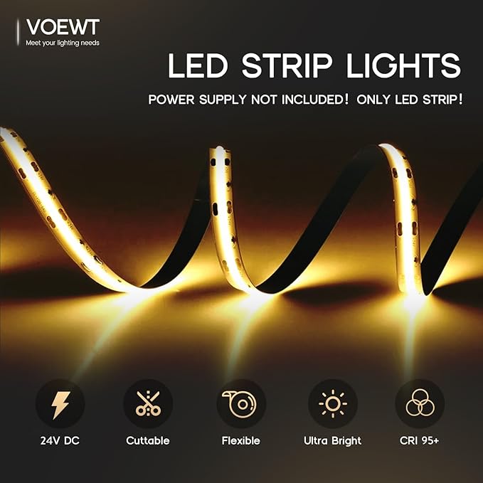 COB LED Strip Lights Daylight White 6000K,16.4ft 24V High CRI 95Ra+ Super Bright,Flexible Tape Lights for Bedroom,Mirror,Kitchen Cabinet, Living Room(Power Supply Not Included)