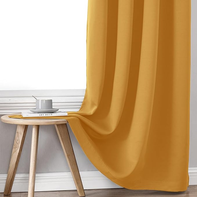 ChrisDowa 100% Blackout Curtains 80 inch Long for Bedroom with Black Liner, 2 Thick Layers Total Blackout Thermal Insulated Grommet Window Curtains 2 Panels Set (Mustard Yellow, 52 x 80 Inch)