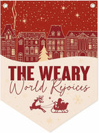 Christmas Wall Hanging Banner, "The Weary World Rejoices" Canvas Wall Art, Festive Town & Santa Sleigh Print Hanging Decor for Home, Living Room, Bedroom Holiday Decoration, 15.7 x 21.6 In