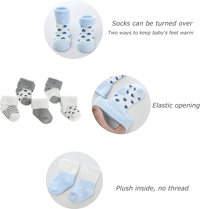Unisex Baby Terry Socks 5-Pack for Baby boy and girl 0-12 Months Warm Cotton Socks