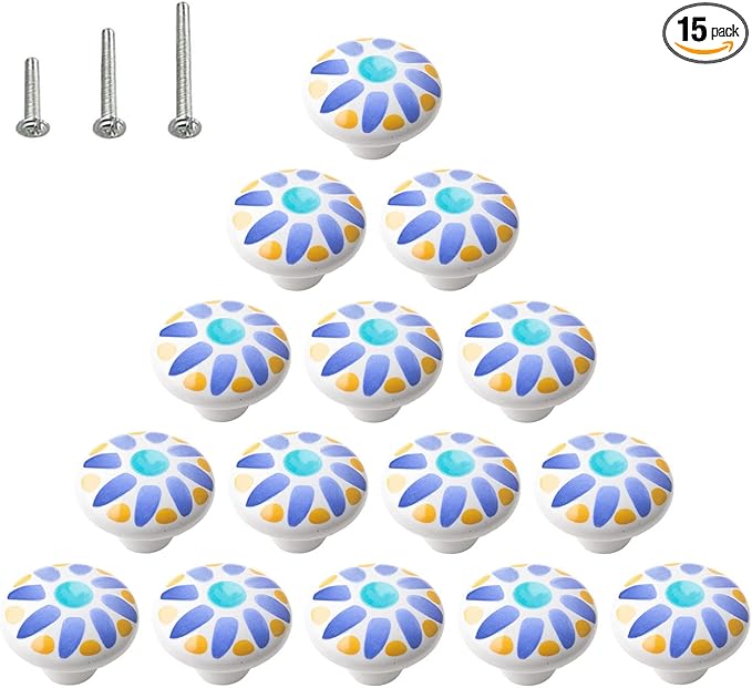 HUAMULAN 15PCS Glossy Ceramic Knobs Button Round Mushroom Cabinet Dresser Vintage Pulls Door Handles Cupboard Wardrobe Drawer, Dia. 1.5 inch 38mm