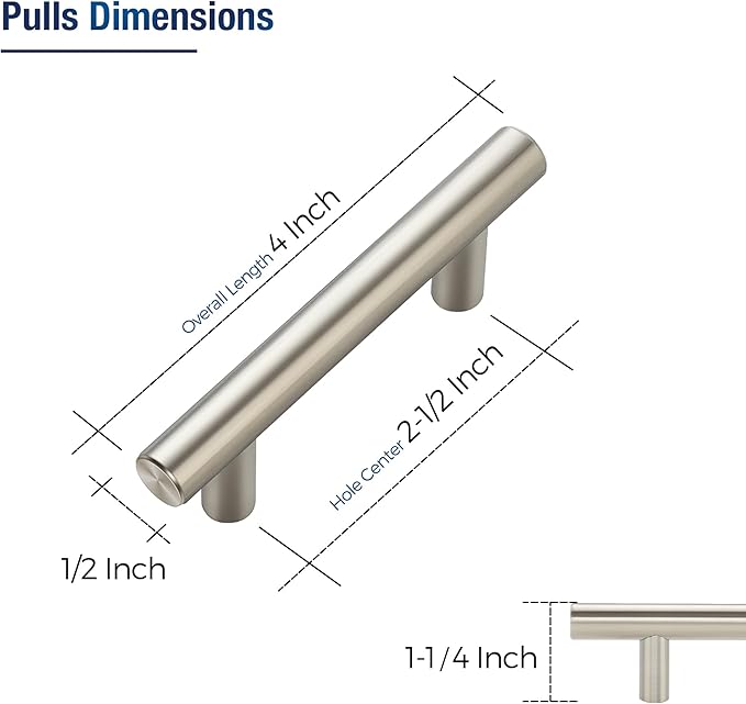 JOY DECOR 5 Pack Cabinet Handles, Brushed Nickel Cabinet Pulls, 2-1/2 in Hole Center Kitchen Cabinet Handles, Stainless Steel T Bar Handles for Dresser Drawers