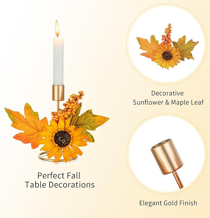 Romadedi Fall Candle Holder for Thanksgiving: Candlestick Holders Decor for Autumn Table Centerpiece Gold Party Decoration Indoor Kitchen Dining Fireplace Mantel Sunflower Maple Leaves Set of 4