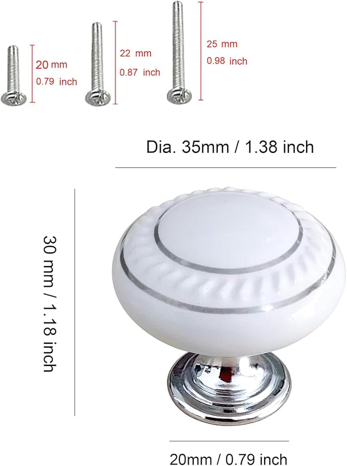 HUAMULAN 15 Pack Ceramic Knob Simple Dresser Kitchen Round Cabinet Pulls,Zinc Alloy Base Cupboard Wardrobe Drawer Door Handles,3 Size Screws