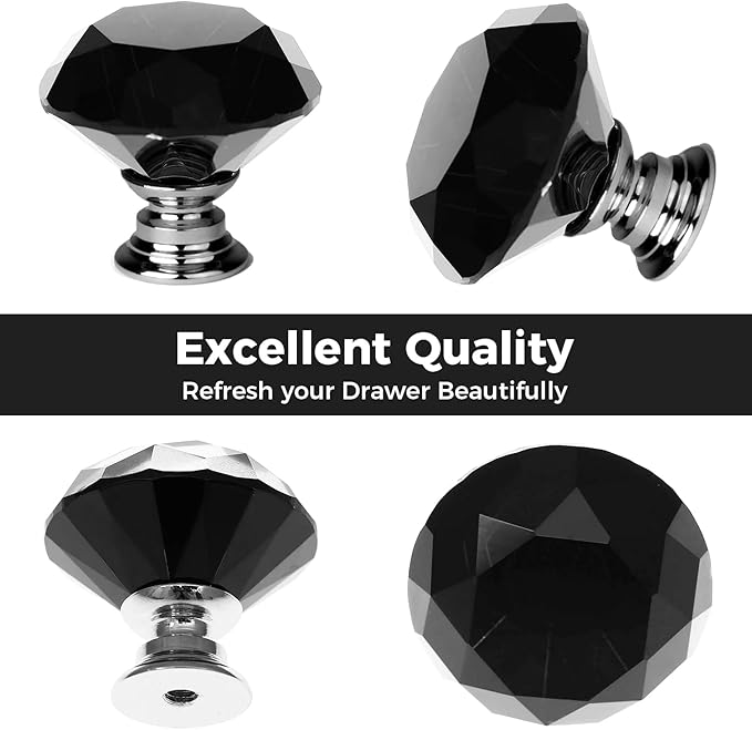 DEELF 25 Packs Kitchen Cabinet Knobs, 30 mm Crystal Cabinet Knobs, Diamond Dresser Handle Drawer Pulls, Dresser Knobs for Cabinets and Drawers, Black