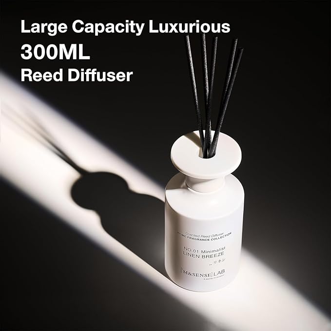 M&SENSE Minimalist Large Reed Diffuser 300ml, Linen Breeze Scented with Natural Essential Oils, Long Lasting with 7 Sticks, Non-Toxic Home Fragrance for Bedroom, Bathroom Decor