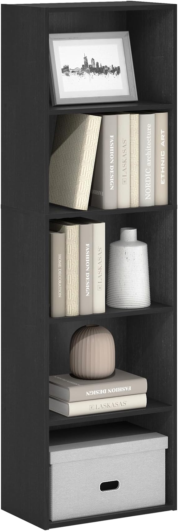 Furinno LUDER Book Shelf, 5-Tier Bookshelf, Bookcase, 9.4" x 15.8" x 52", for Living Room, Bedroom, Home Office, Blackwood
