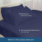 Queen Sheet Set for Air Mattress - Sheets Queen Size Bed Set - 3Pcs Side Storage Pocket Fitted Sheet & Pillowcases Easily Fits 16in to 24in Pillow Top Air Bed Mattress - Navy Blue