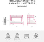 DHP Dusty Metal Bunk Bed Frame, Twin-Over-Full for Kids, Teens, Adults, Angled Ladder, Guardrail, No Boxspring, Small Spaces, Pink