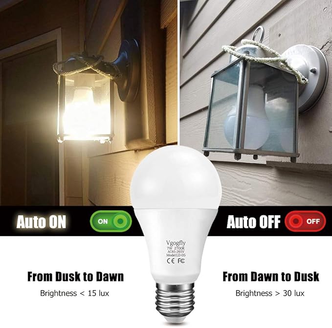 Vgogfly Dusk to Dawn Light Bulb Sensor Smart LED Outdoor Lighting Bulbs Lamp 7W E26/E27 Automatic On/Off, Indoor/Outdoor Yard Porch Patio Garden (Warm White, 3 Pack)