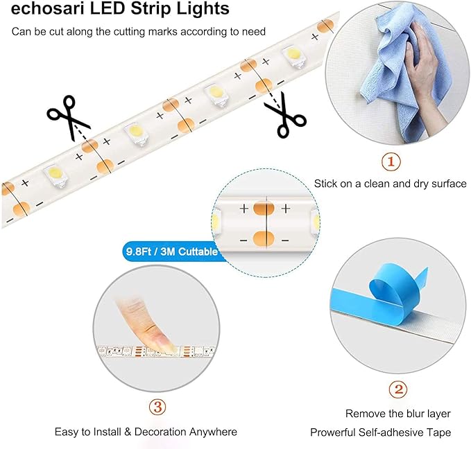 echosari Battery Operated Led Strip Lights White with Remote, 8 Modes, Dimmable, Timer, Self-Adhesive, Cuttable, for PC TV Kitchen Cabinet Shelves Bedroom Decor (3m 90LED)