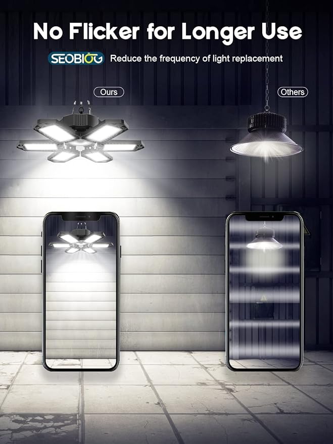 SEOBIOG LED Garage Lights 4 Pack, 200W 20000LM Plug in Linkable LED Shop Light, 6500K Ceiling Light Fixtures with 6+1 Deformable Panels for Garage, Work Bench (Built-in ON/Off Switch)
