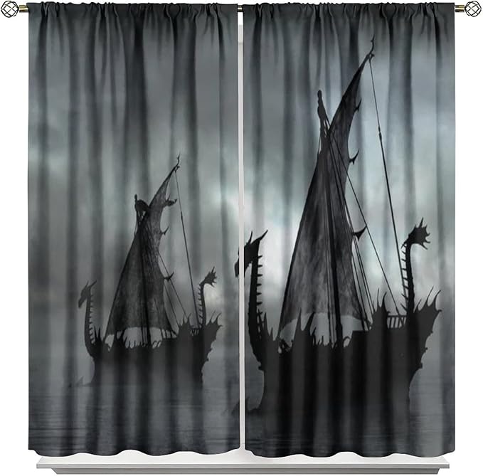 Viking Ship Blackout Curtains,Gloomy Misty Lake Landscape Fantasy Black White Color Sailing Dragon Boat Window Drapes for Boys Girls Bedroom Living Room,Norse Decor 63x72in