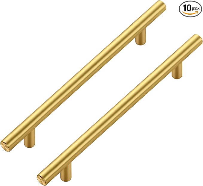 JOY DECOR 10 Pack Cabinet Handles, Gold Cabinet Pulls, 6-1/4 in Hole Center Kitchen Cabinet Handles, Stainless Steel T Bar Handles for Dresser Drawers