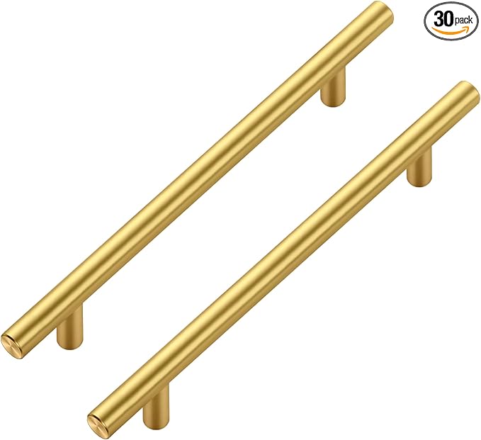 JOY DECOR 30 Pack Cabinet Handles, Gold Cabinet Pulls, 6-1/4 in Hole Center Kitchen Cabinet Handles, Stainless Steel T Bar Handles for Dresser Drawers