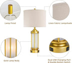 Set of 2 Modern Table Lamps for Living Room, Farmhouse Vintage Bedside Lamp with 2 USB Ports Glass Nightlight, Gold Nightstand Desk Lamps for Entryway Bedroom Dresser, 4 Bulbs Included