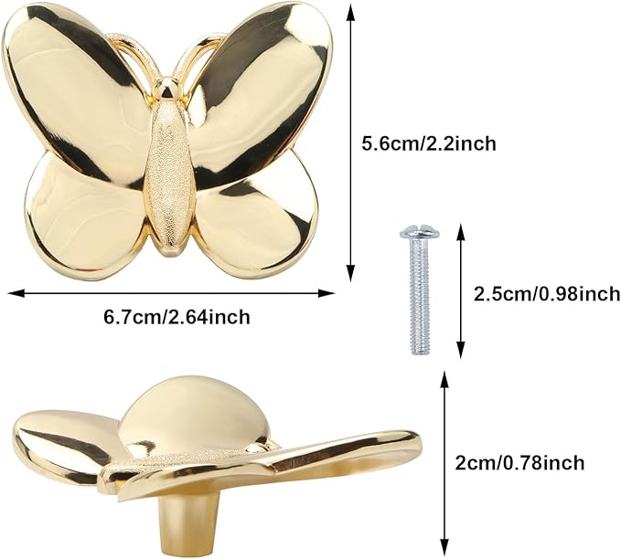 Gold Butterfly Cabinet Knobs Kitchen Hardware for Cabinets Cute Animal Dresser Knobs Furniture Cupboard Handles Single Hole Drawer Knobs and Pulls 6 Pcs (Gold,6Pcs)
